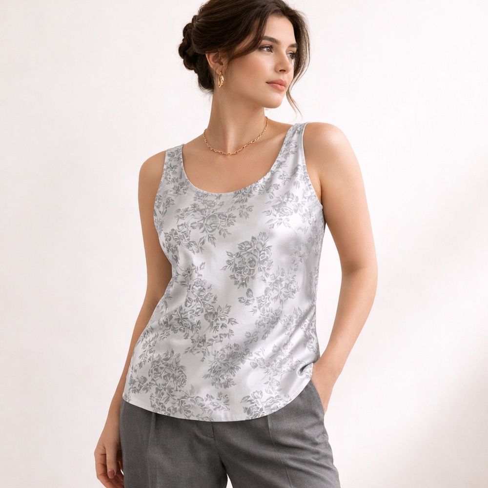 Vintage Silver Satin Baroque Roses Cami Iridescent Floral Tank Top sz XL/XXL - Picture 1 of 14